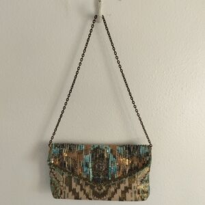 Sequin Beaded Envelope Clutch - Turquoise & Gold
